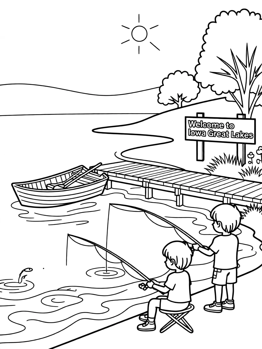 (Iowa) The Iowa Great Lakes region with people fishing