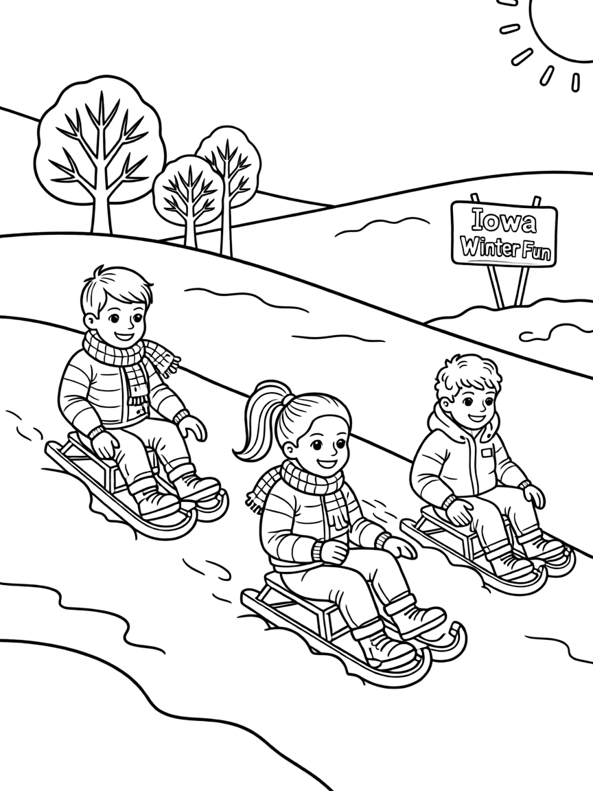 (Iowa) Children sledding down snowy Iowa hills in winter