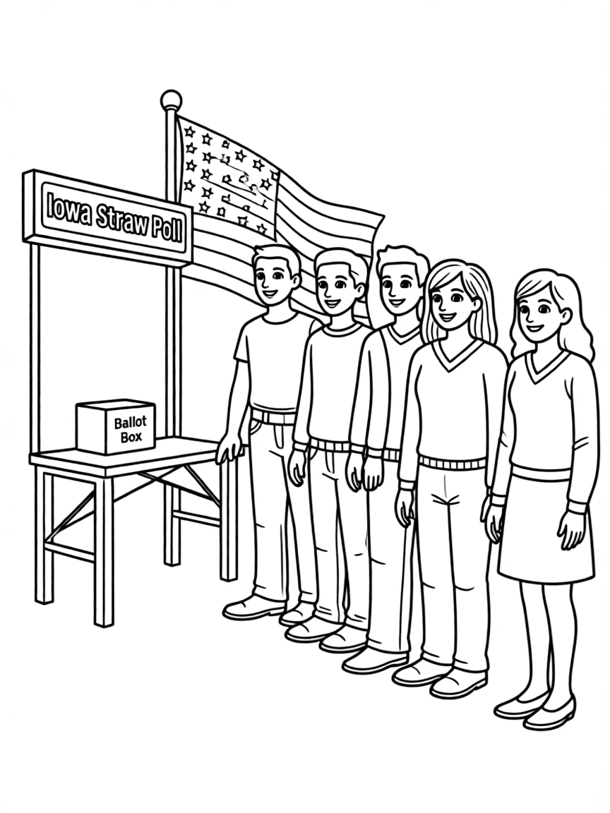 (Iowa) The Iowa Straw Poll voting booth with people in line