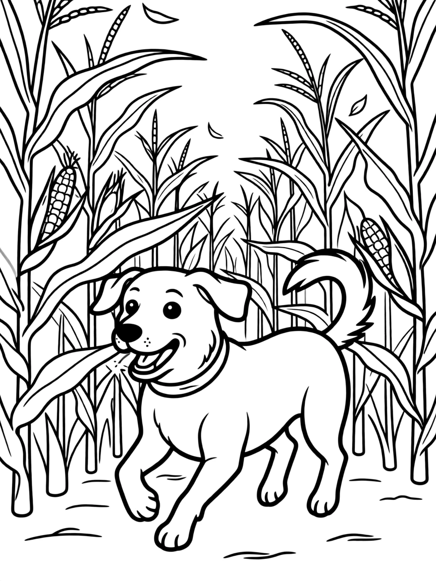 (Iowa) A happy farm dog running through an Iowa cornfield