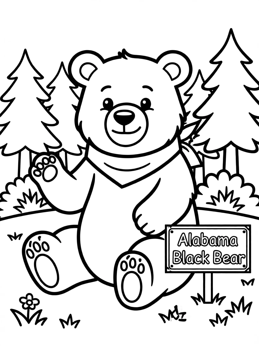 (Alabama) A friendly cartoon of a black bear (Alabama’s state mammal)