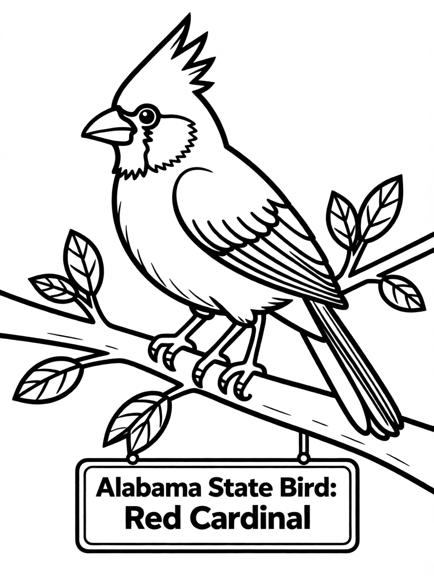 (Alabama) A red cardinal bird perched on a branch (state bird)