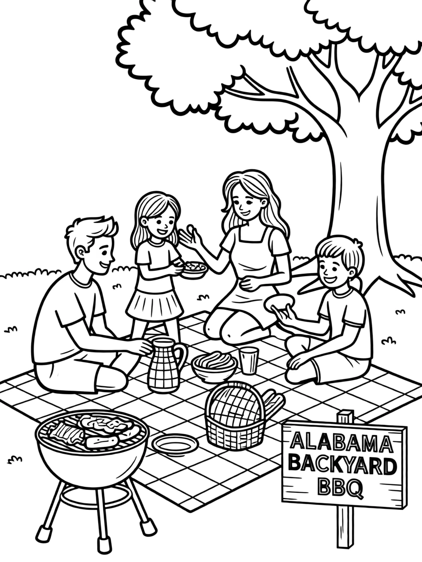 (Alabama) A family eating barbecue at a picnic
