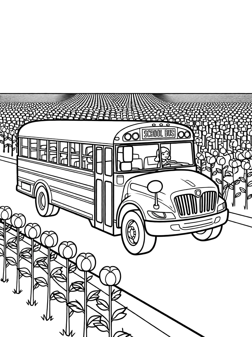(Alabama) A school bus driving past cotton fields