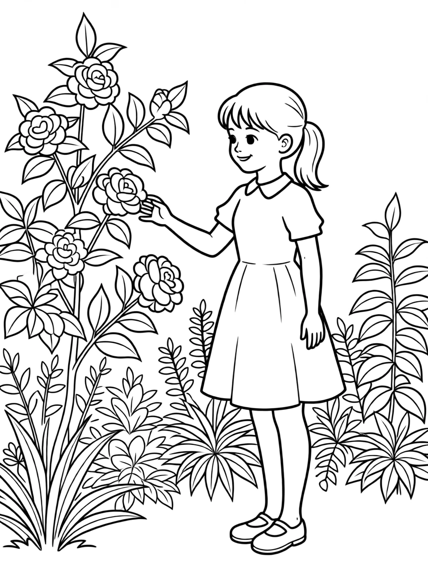 (Alabama) A girl picking camellia flowers in a garden