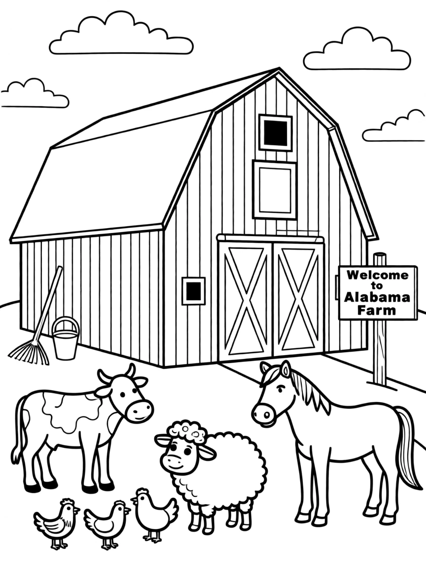 (Alabama) An old red barn with animals on a farm