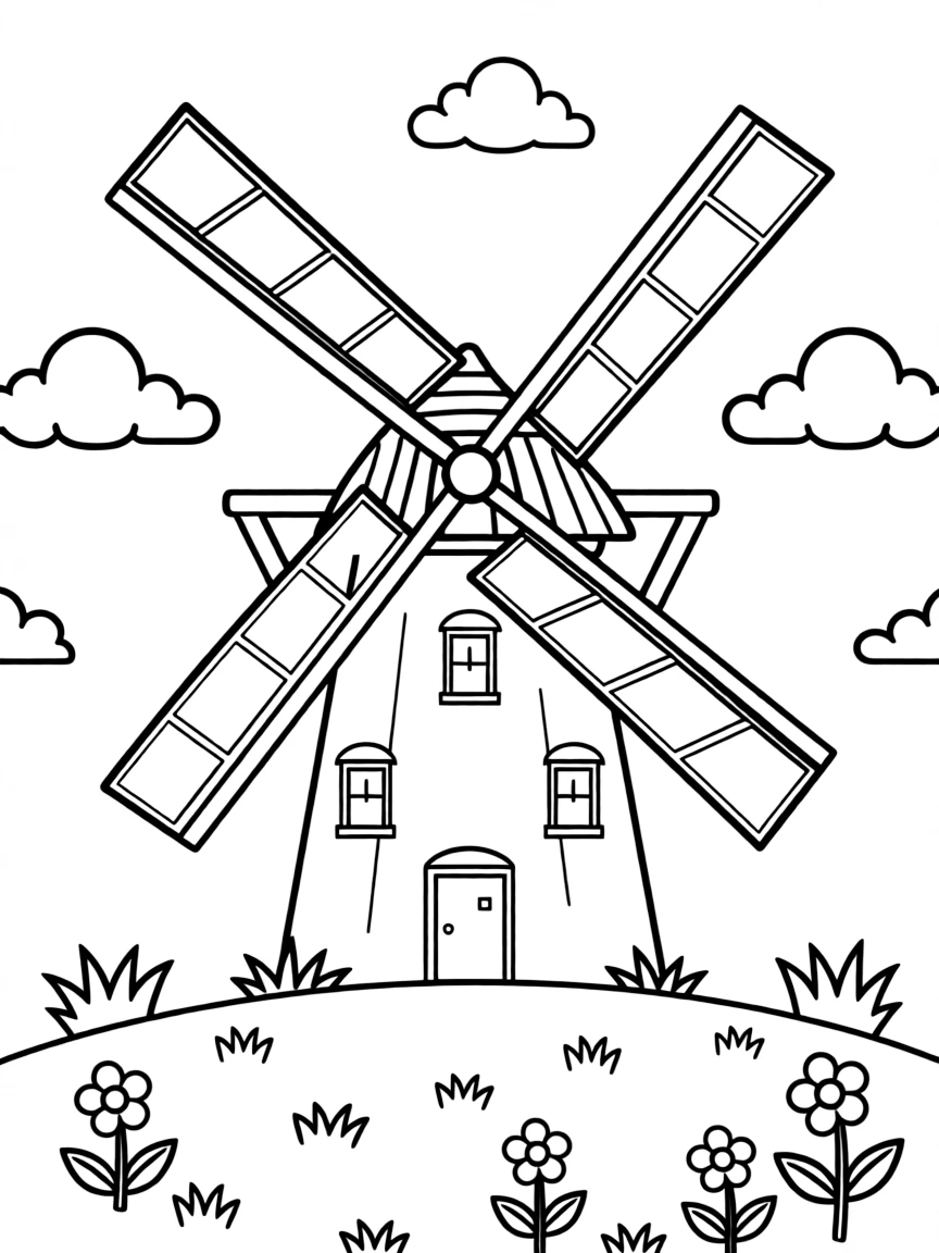 (Netherland, Holland) Traditional Dutch windmill with large rotating blades in a grassy field