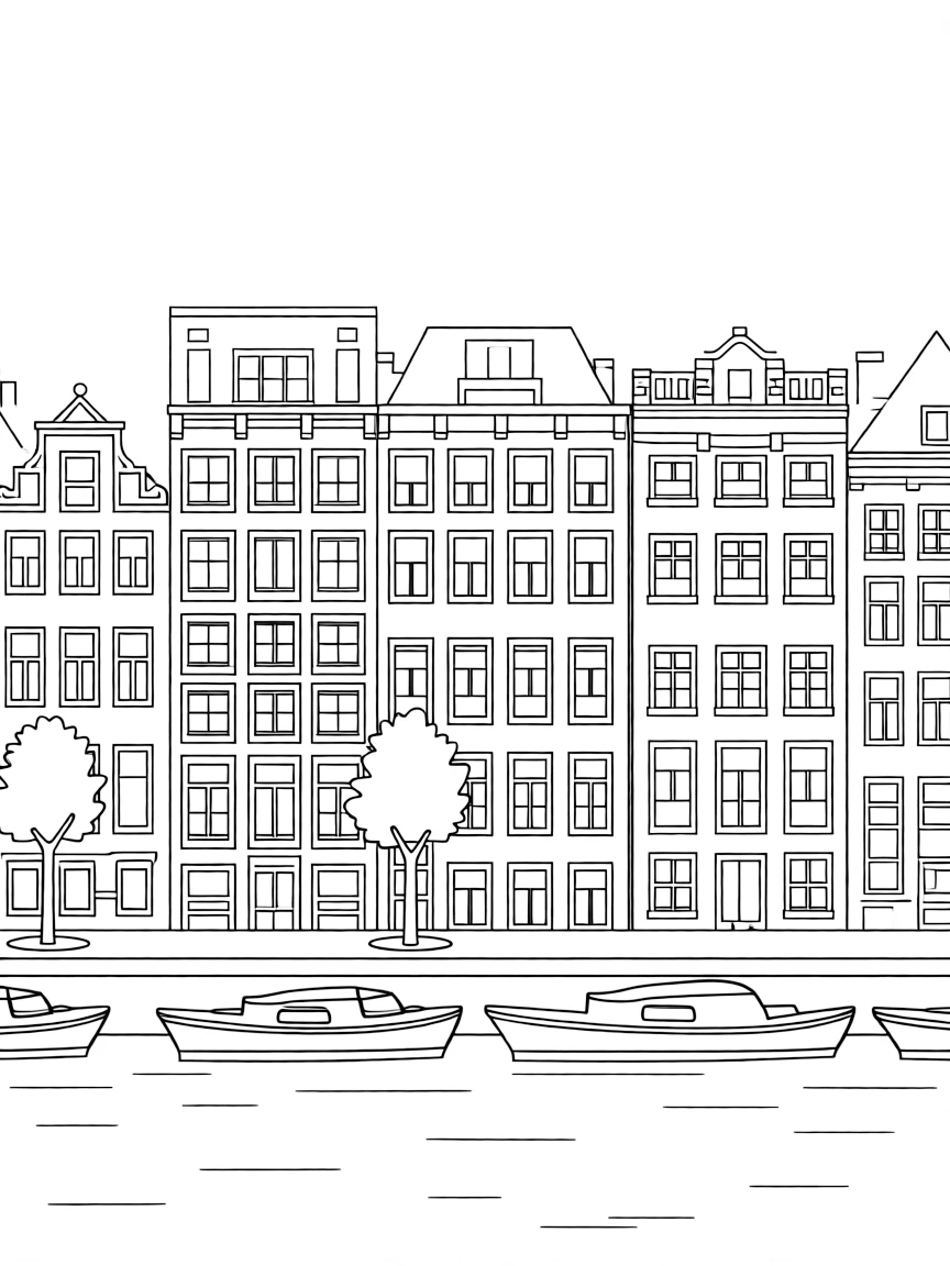 (Netherland, Holland) Row of colorful narrow canal houses in Amsterdam with tall windows