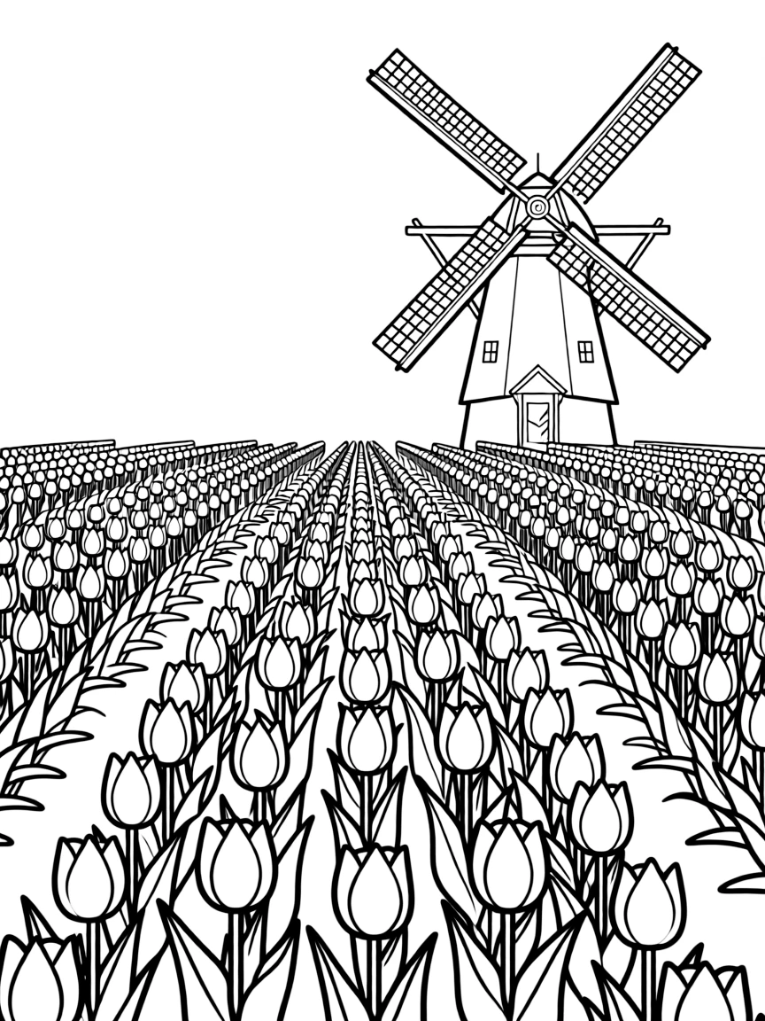 (Netherland, Holland) Tulip field with rows of blooming flowers and a windmill in the background