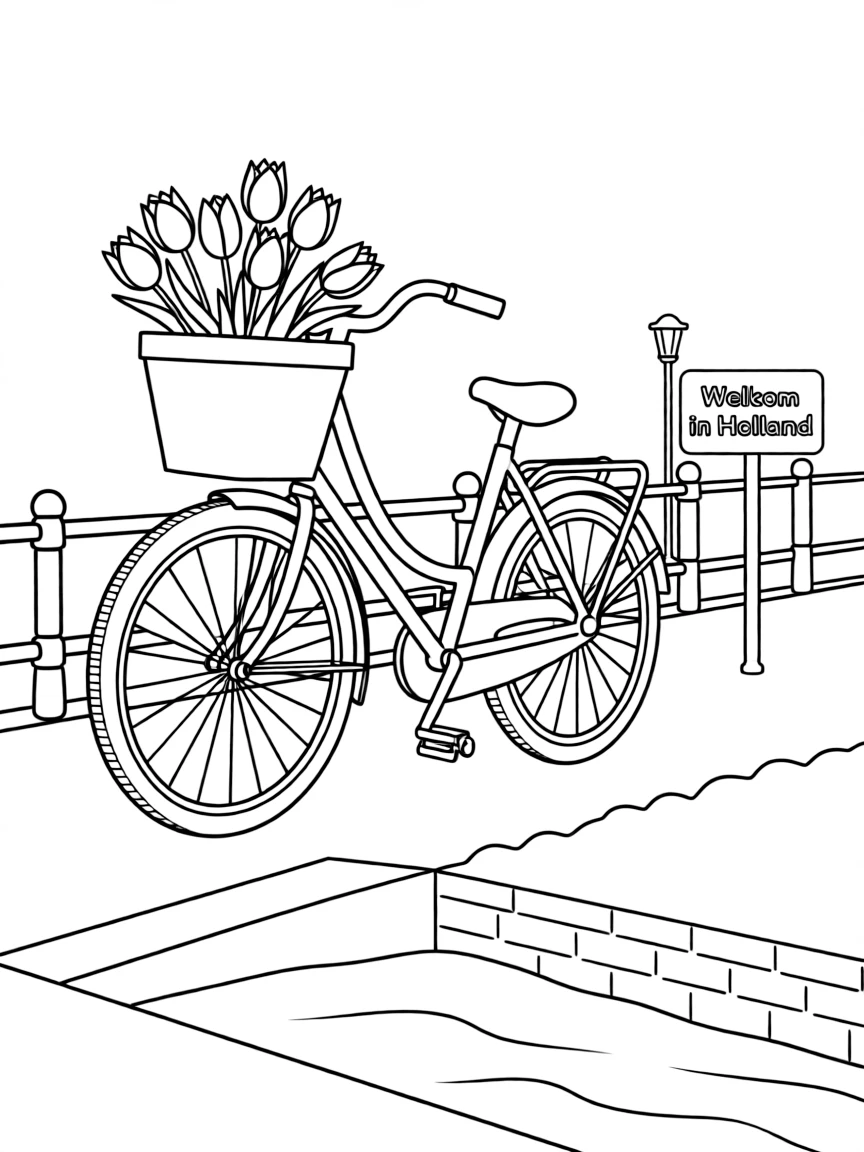 (Netherland, Holland) Bicycle with a basket full of tulips parked by a canal