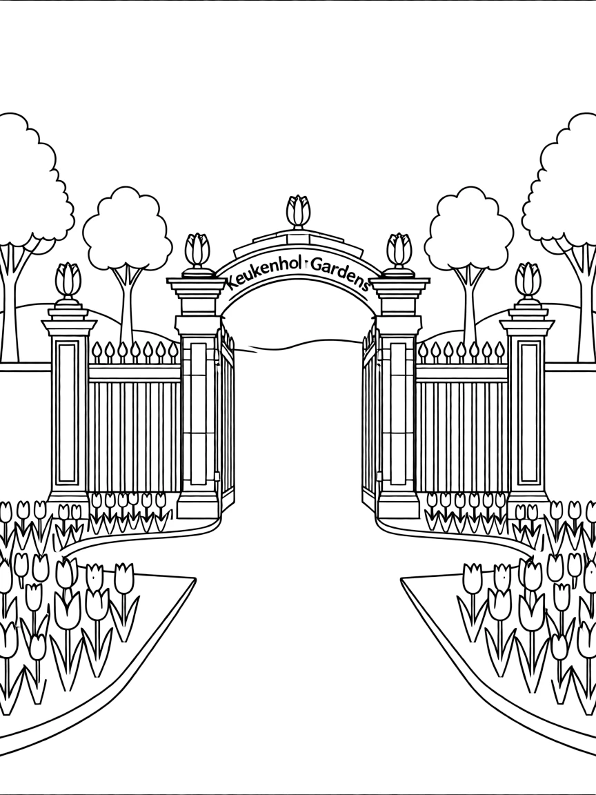 (Netherland, Holland) Keukenhof Gardens entrance gate surrounded by flower beds