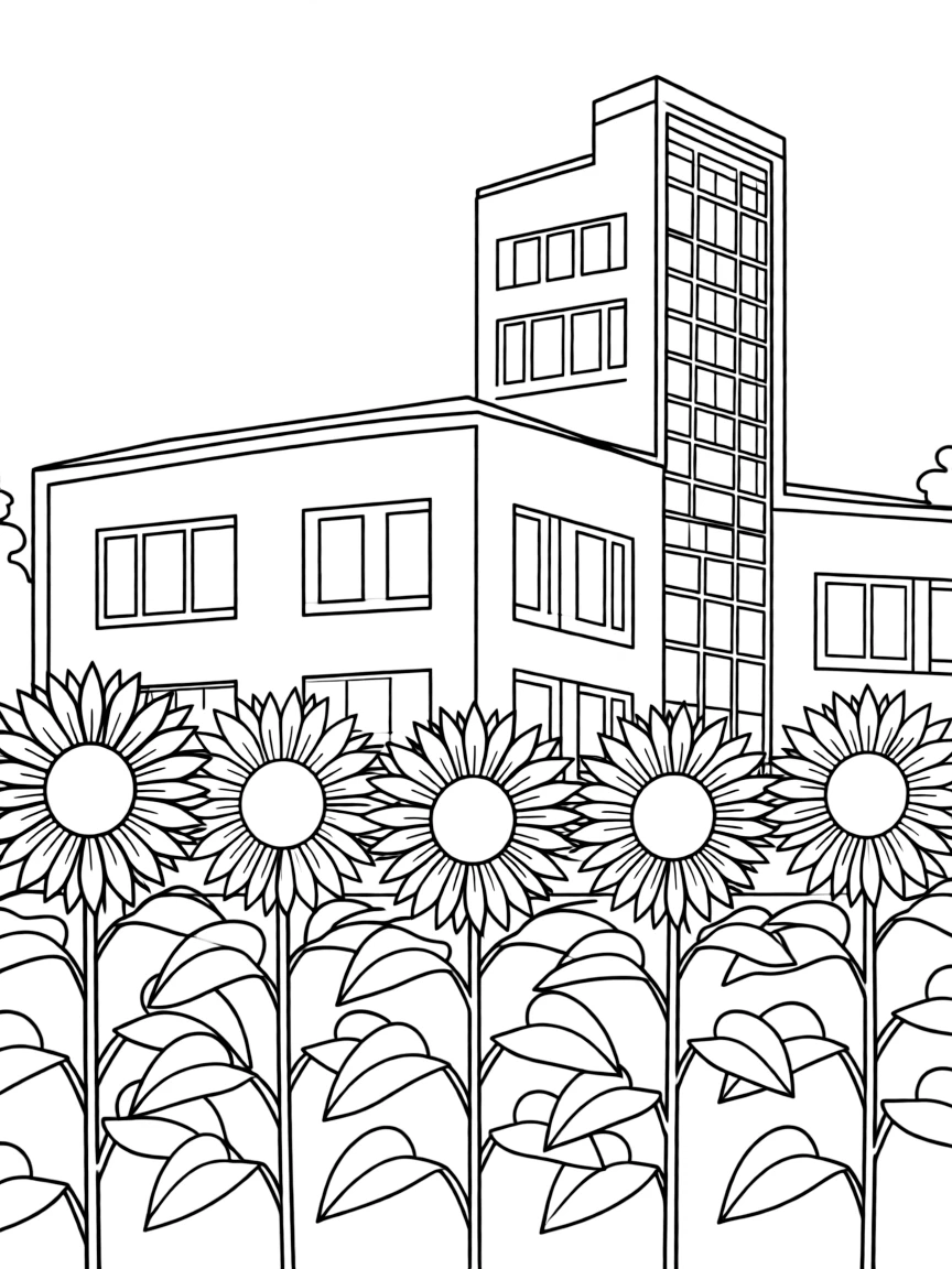 (Netherland, Holland) Van Gogh Museum building with sunflowers in the foreground