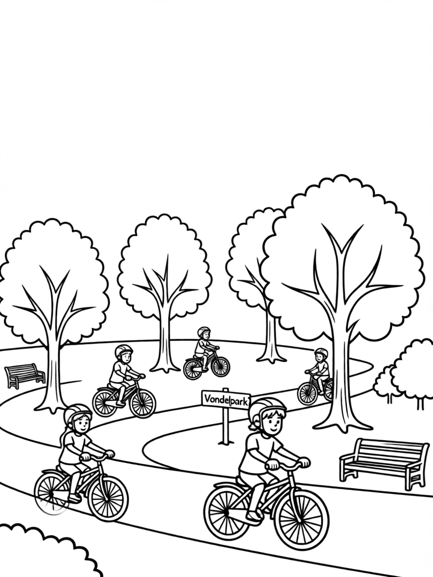 (Netherland, Holland) Vondelpark with trees, paths, and people cycling
