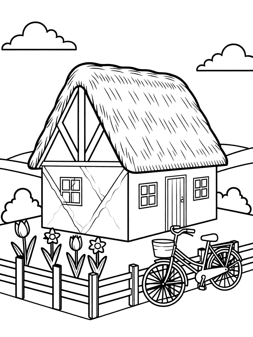 (Netherland, Holland) Dutch farmhouse with thatched roof in countryside