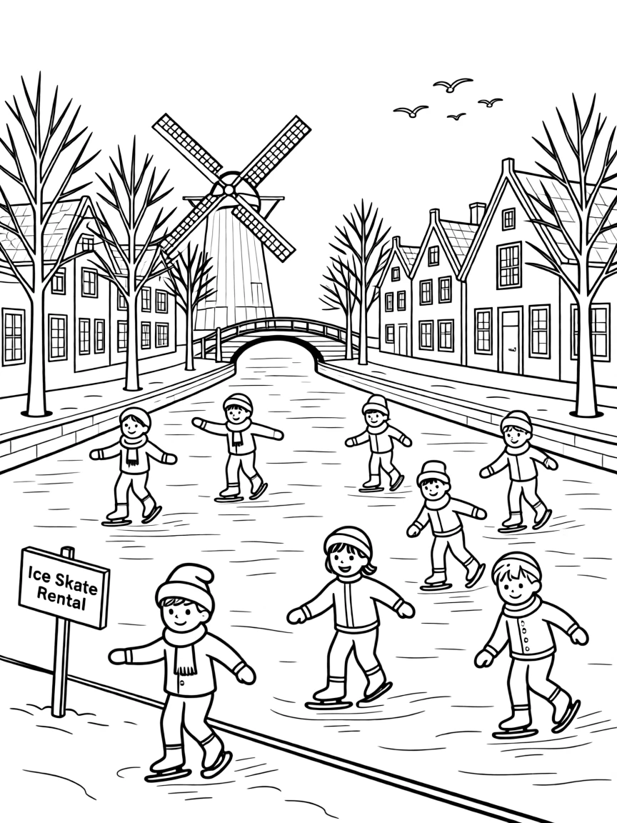(Netherland, Holland) Dutch ice skating scene on frozen canal