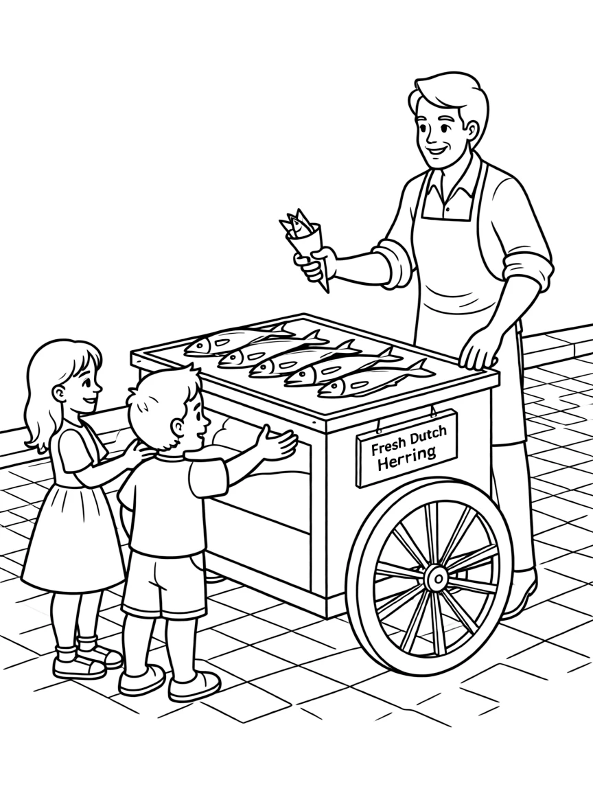 (Netherland, Holland) Dutch herring cart with vendor and customers