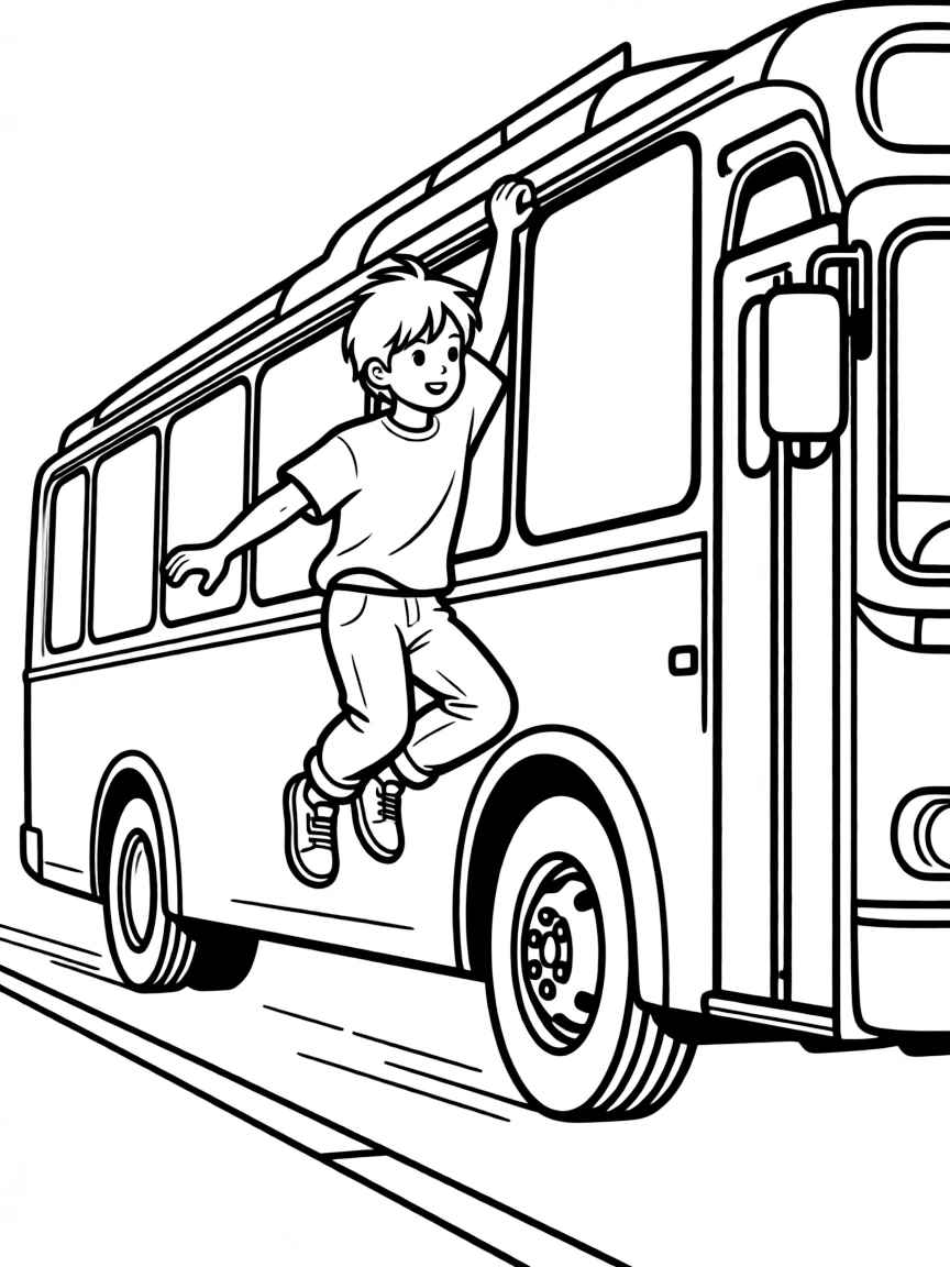 Jackie Chen performing a daring stunt hanging from a moving bus
