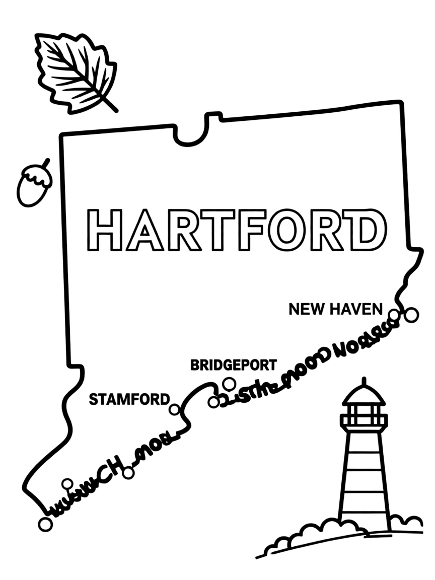 (Connecticut) A map of Connecticut with major cities labeled