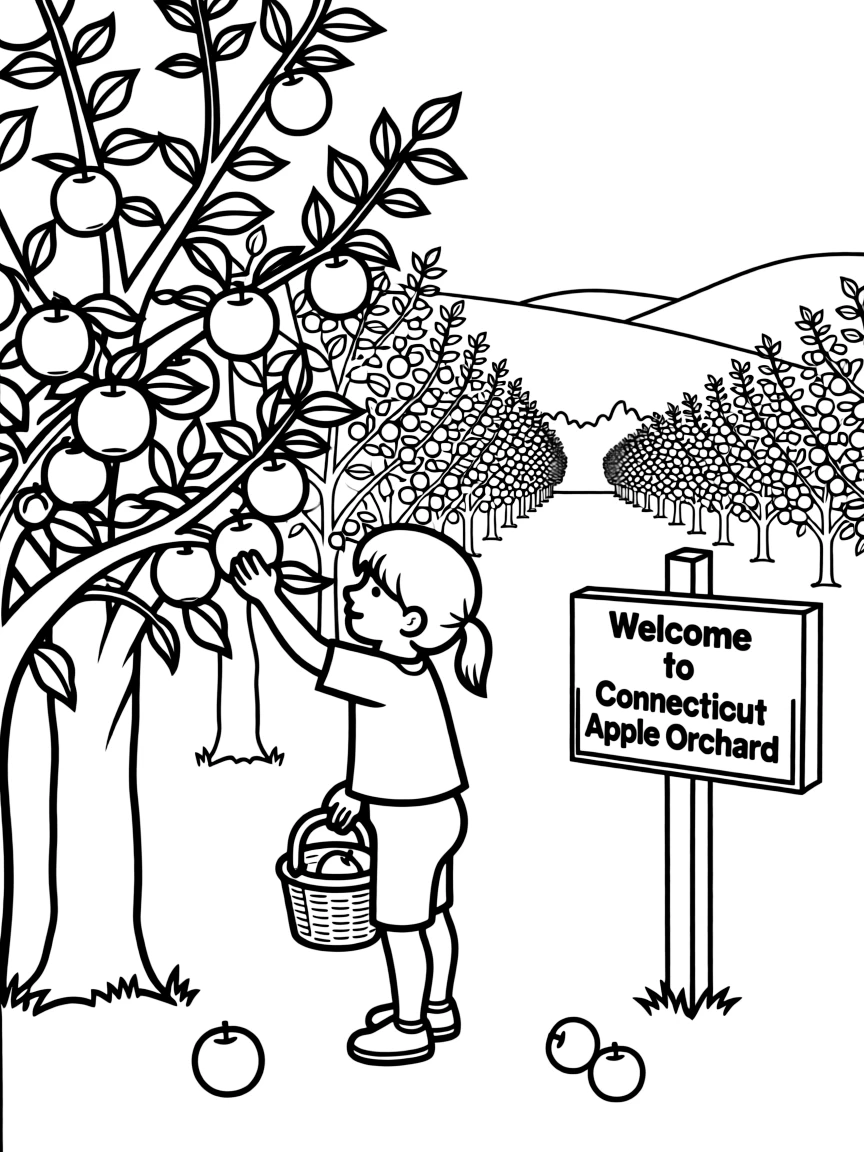 (Connecticut) A child picking apples at a Connecticut orchard