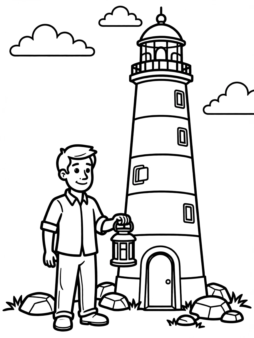 (Connecticut) A lighthouse keeper standing by the light
