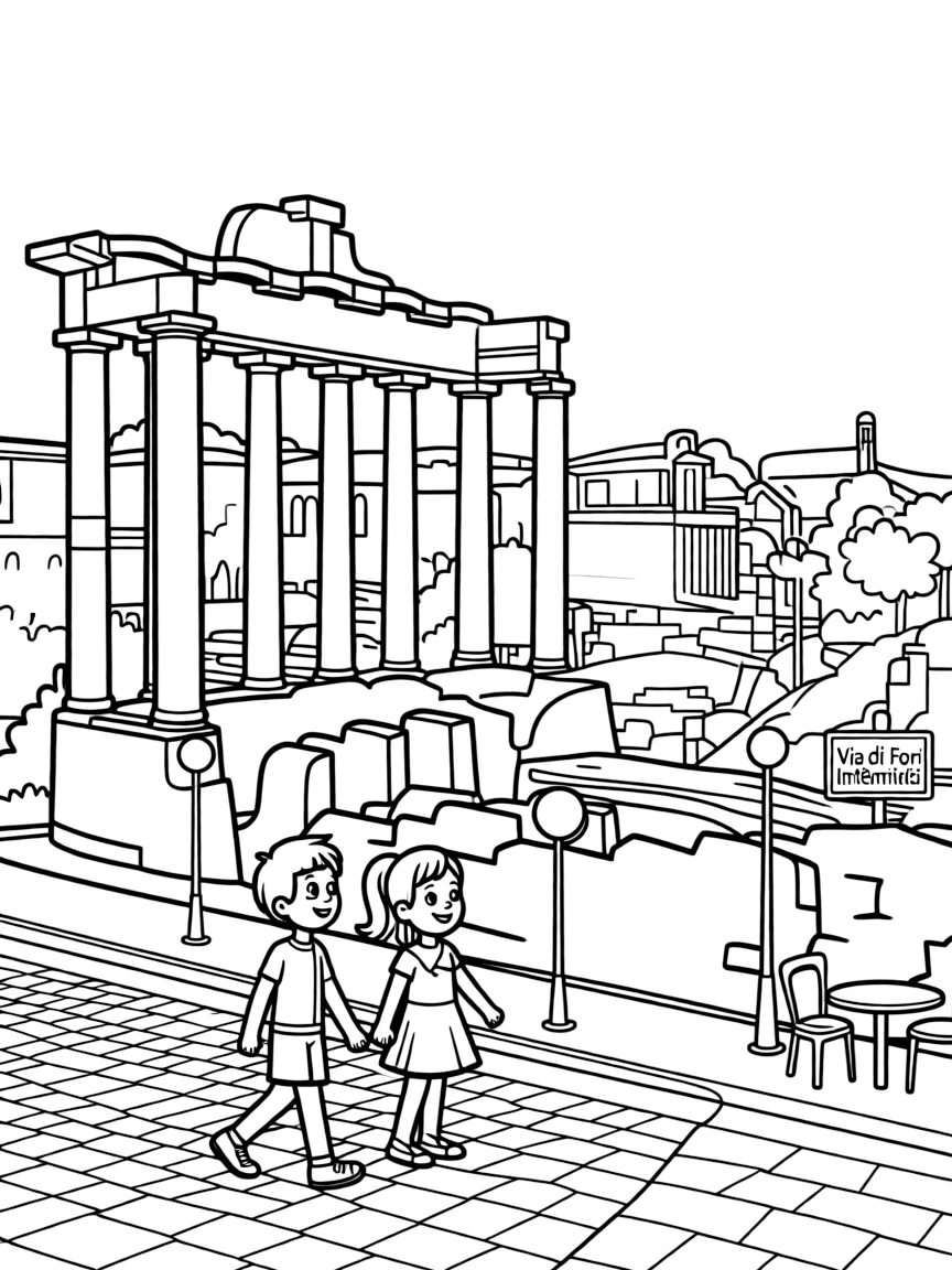 (Italy) A street scene in Rome with ancient ruins in the background