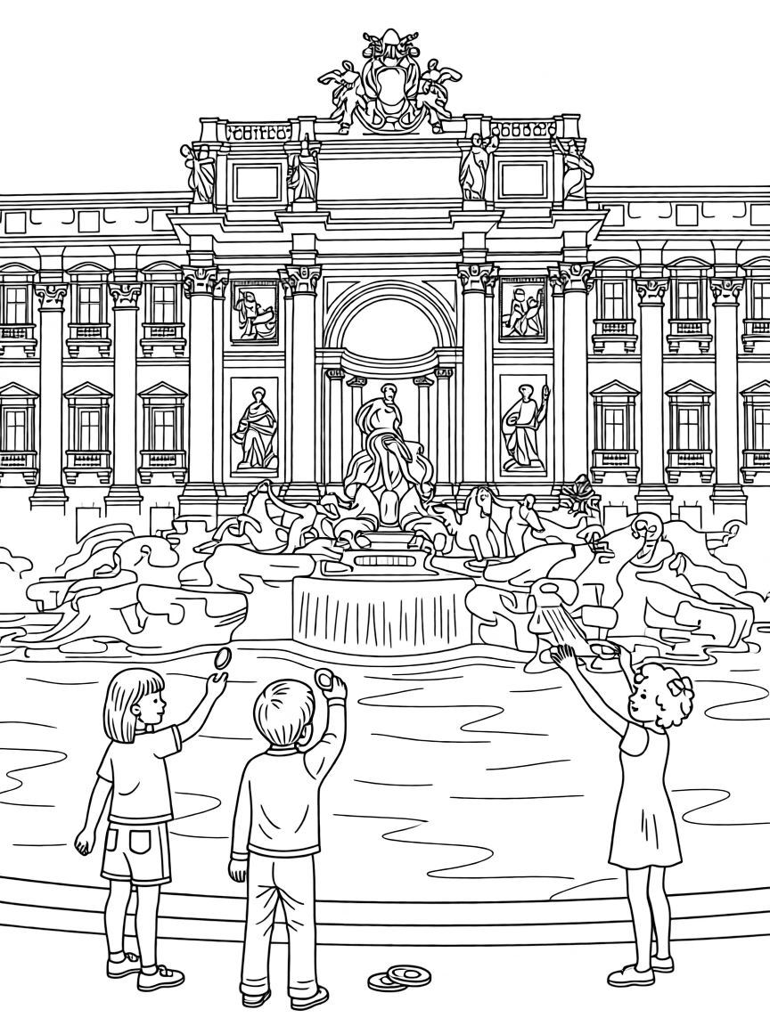 (Italy) Children tossing coins into the Trevi Fountain