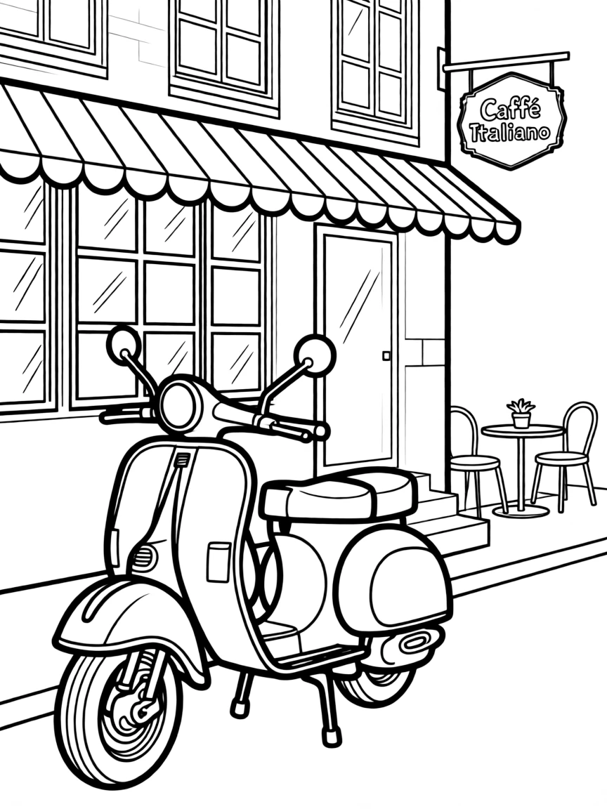 (Italy) A Vespa scooter parked beside an Italian café