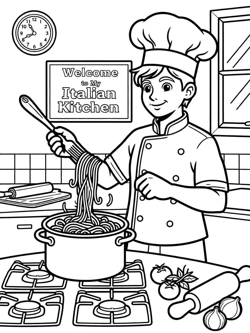 (Italy) A chef making spaghetti in an Italian kitchen