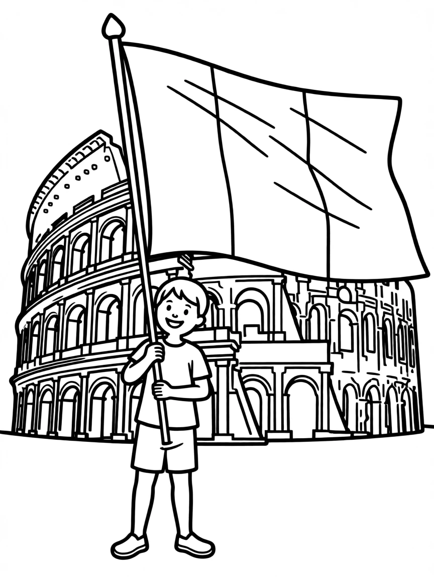 (Italy) A child holding the Italian flag in front of a monument