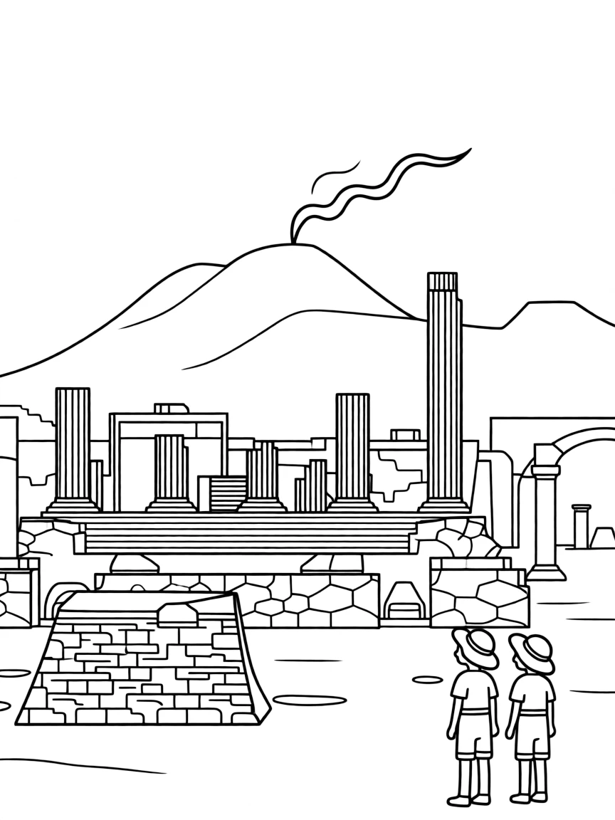 (Italy) Ancient ruins of Pompeii with Mount Vesuvius in the background