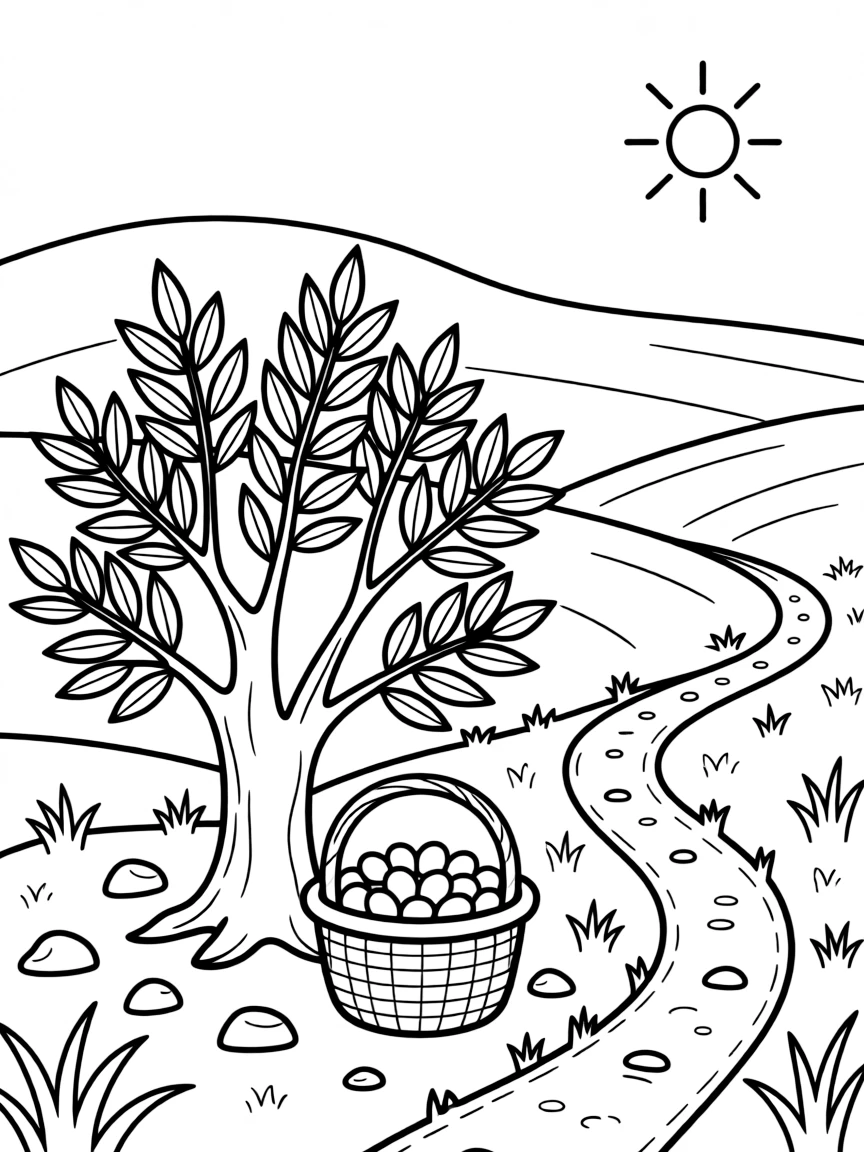 (Italy) An olive tree and basket of olives in a countryside scene
