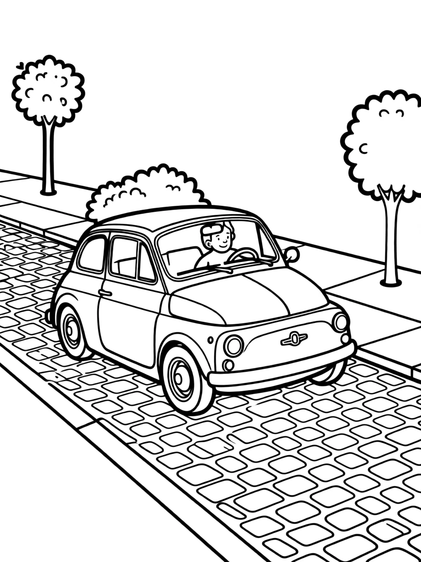 (Italy) A Fiat 500 car driving through a cobblestone street