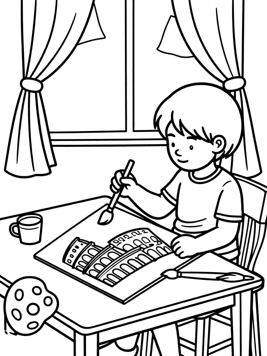 (Italy) A child painting a picture of the Colosseum