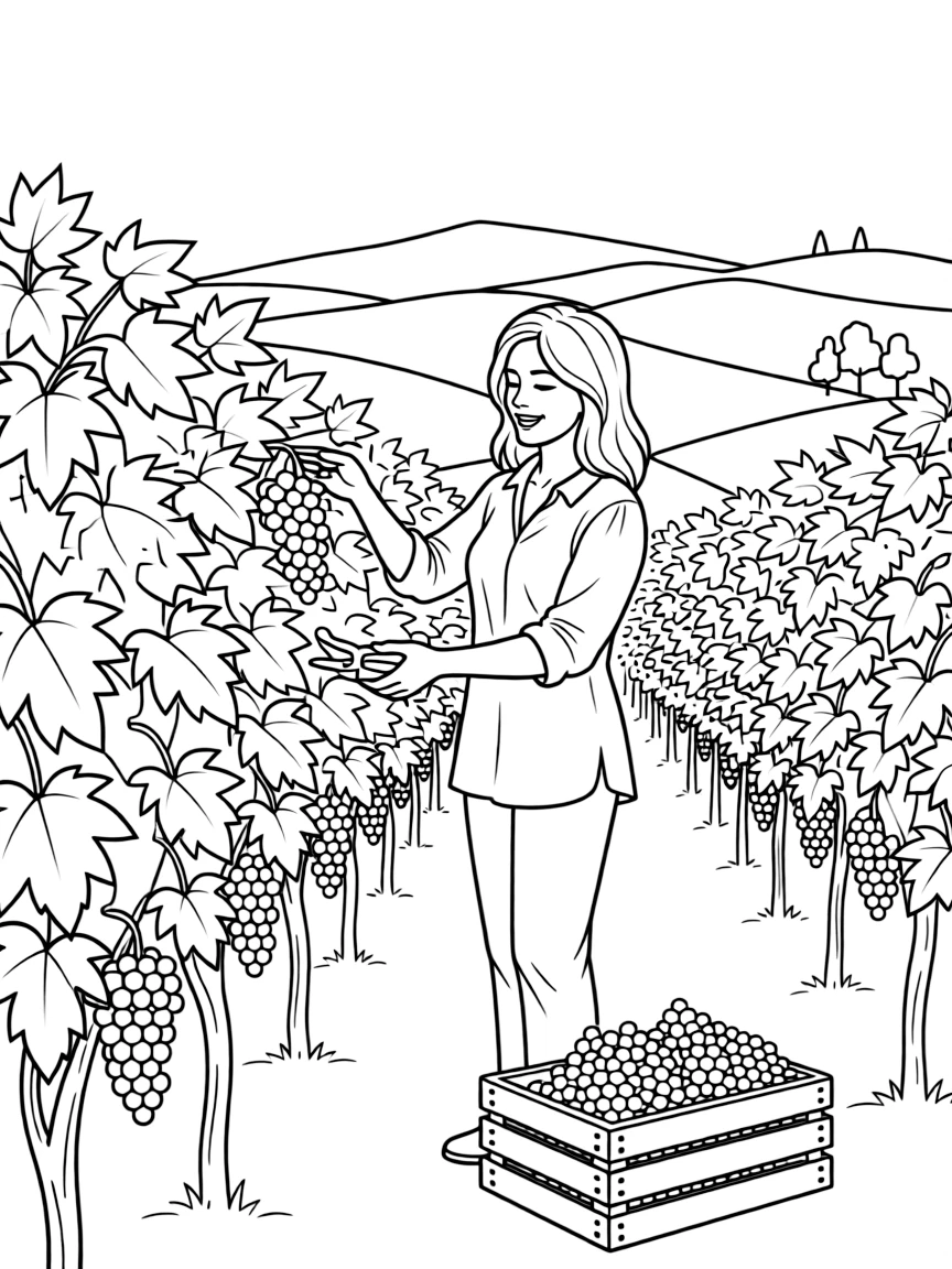 (Italy) A woman harvesting grapes in a vineyard