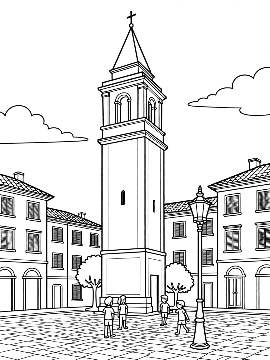 (Italy) A church bell tower in an Italian town square