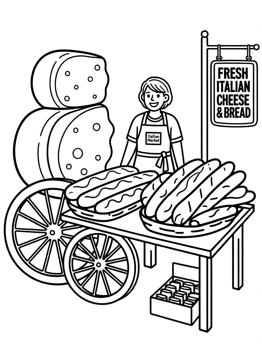 (Italy) An open-air market with Italian cheese and bread