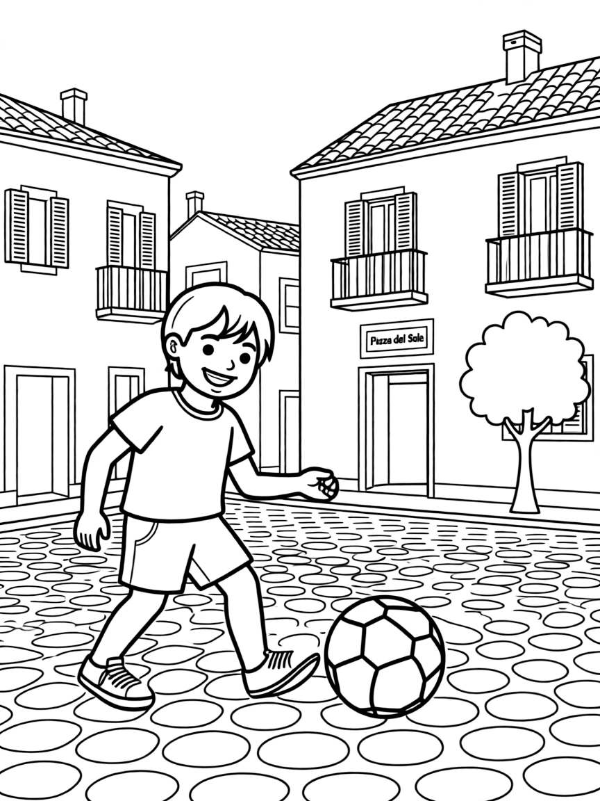 (Italy) A child playing soccer in an Italian town