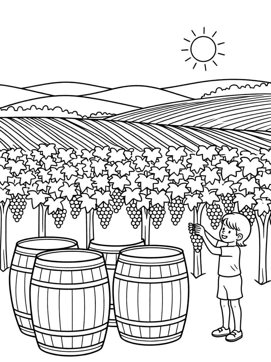 (Italy) A sunny vineyard with wine barrels