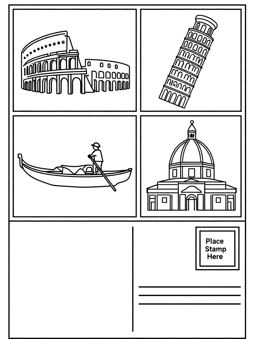 (Italy) A postcard with pictures of Italy’s landmarks