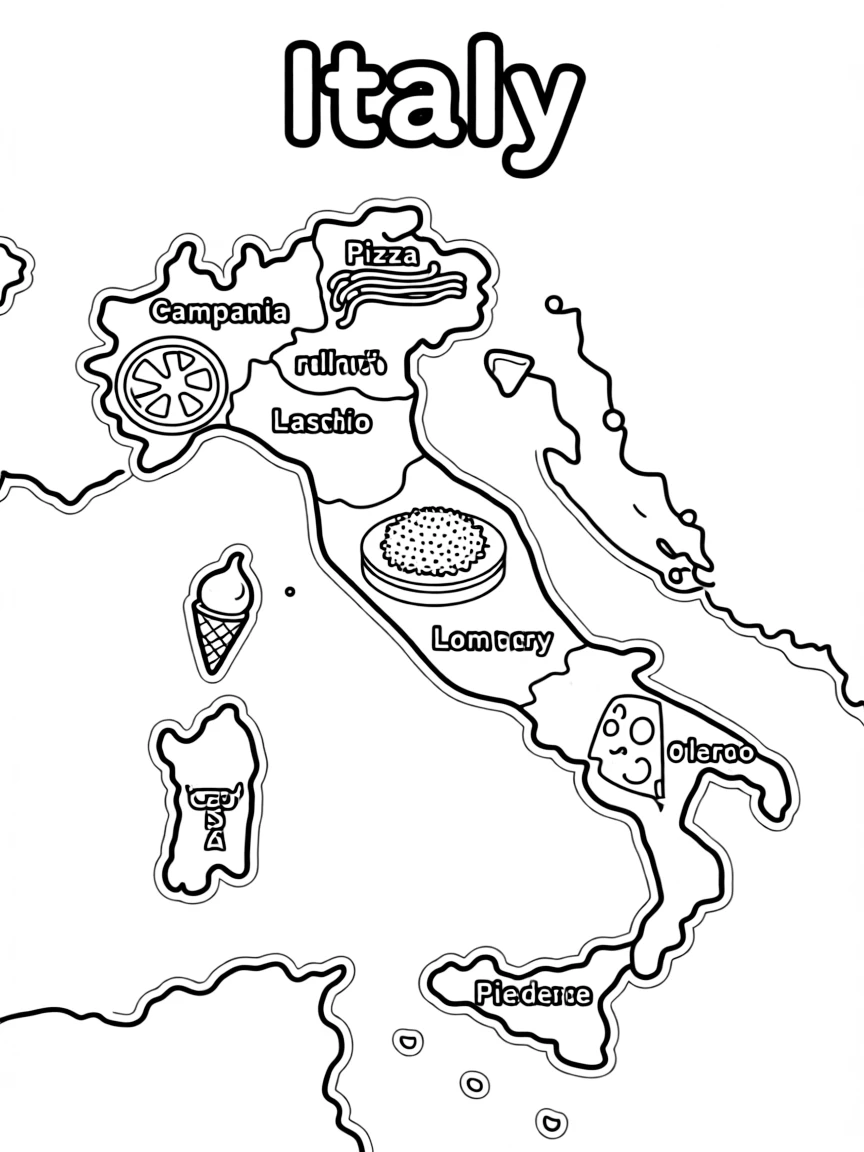 (Italy) A drawing of Italy with famous foods in each region