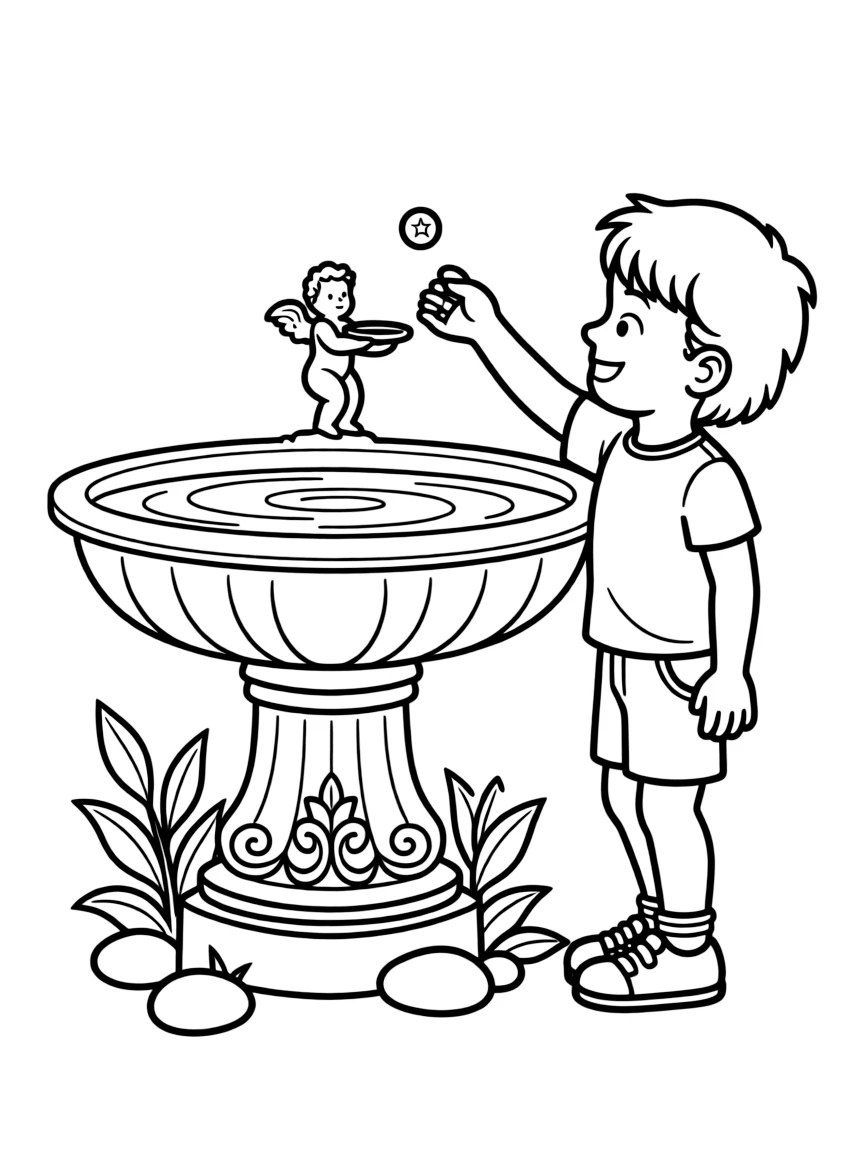 (Italy) A child throwing a coin into a wishing fountain