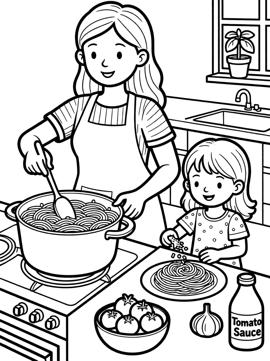 (Italy) A cooking scene with spaghetti and sauce