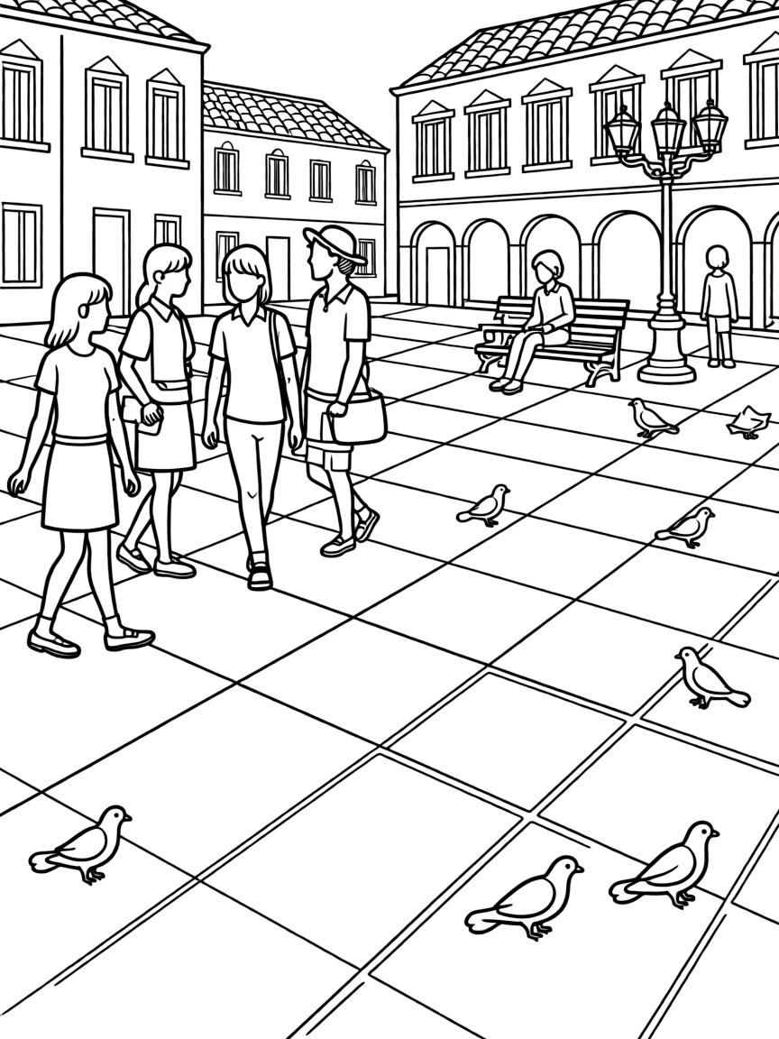 (Italy) A plaza with pigeons and people walking