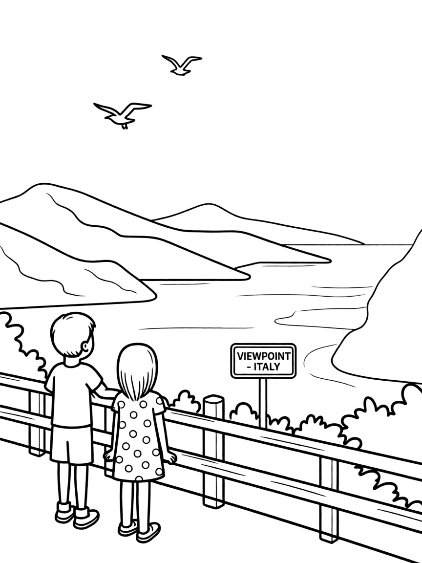 (Italy) A scenic overlook with mountains and sea