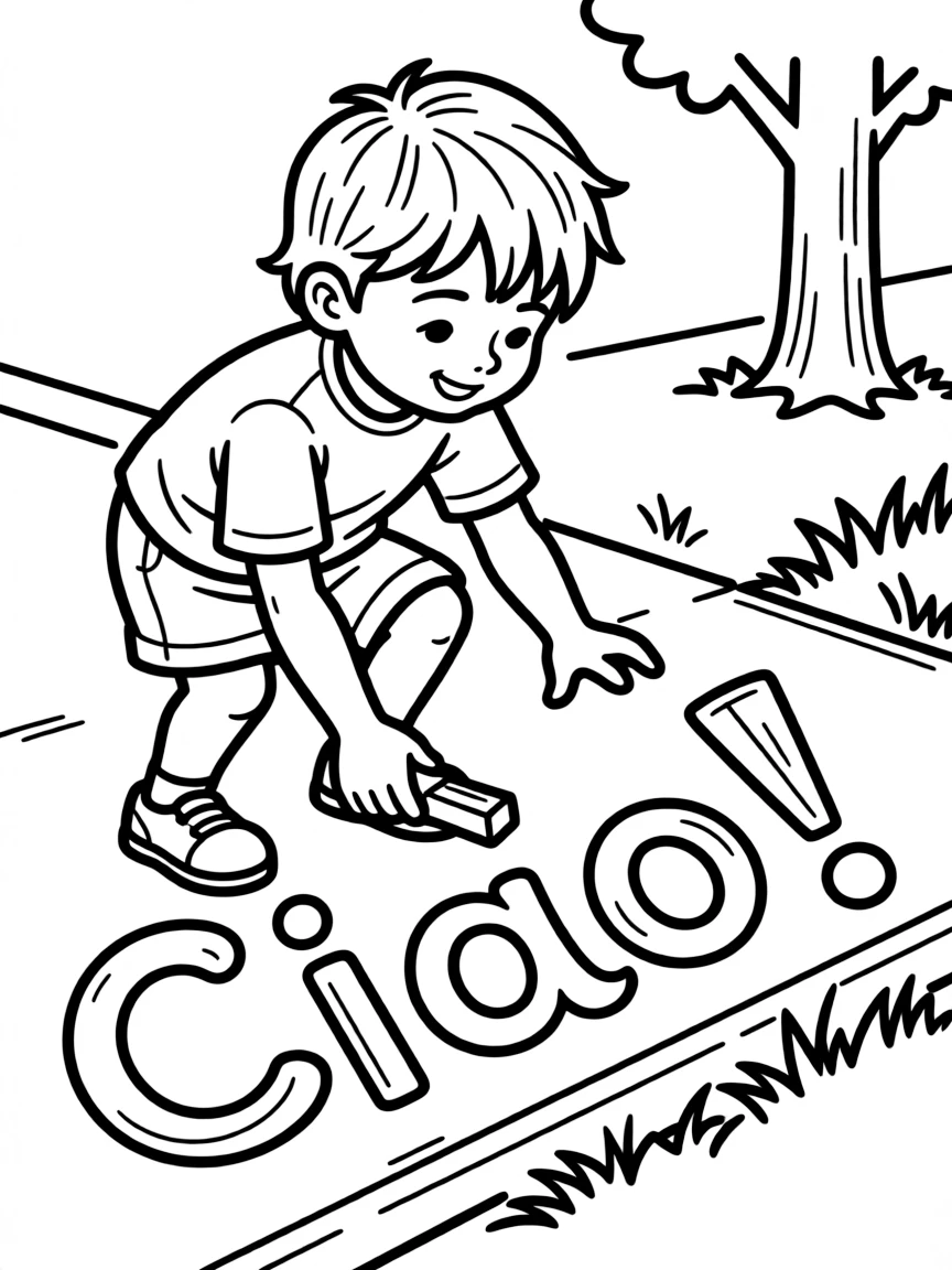 (Italy) A child writing "Ciao!" in chalk