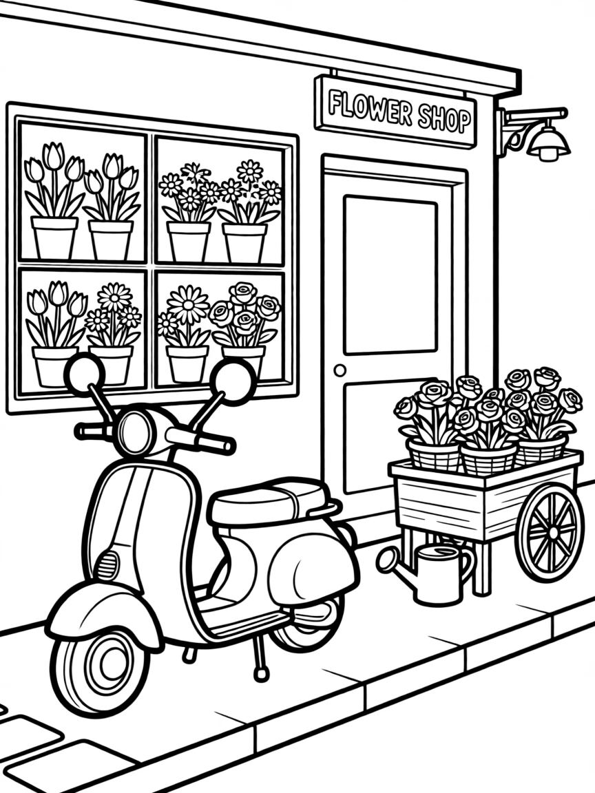 (Italy) A scooter parked near a flower shop