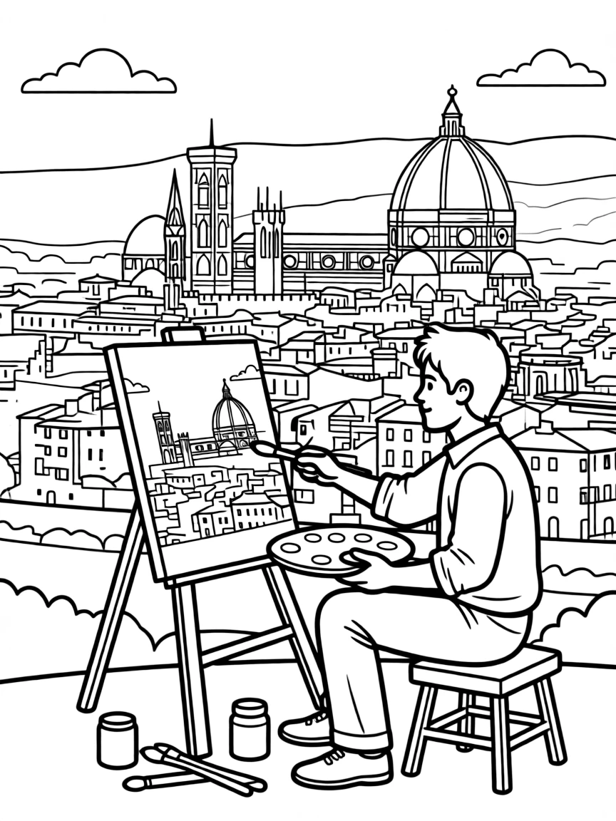 (Italy) A painter painting the Florence skyline