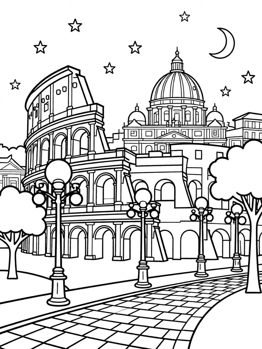(Italy) A view of Rome at night with street lights