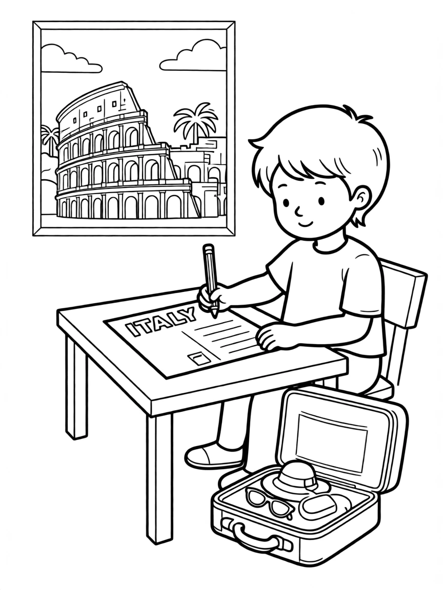 (Italy) A child writing a postcard from Italy