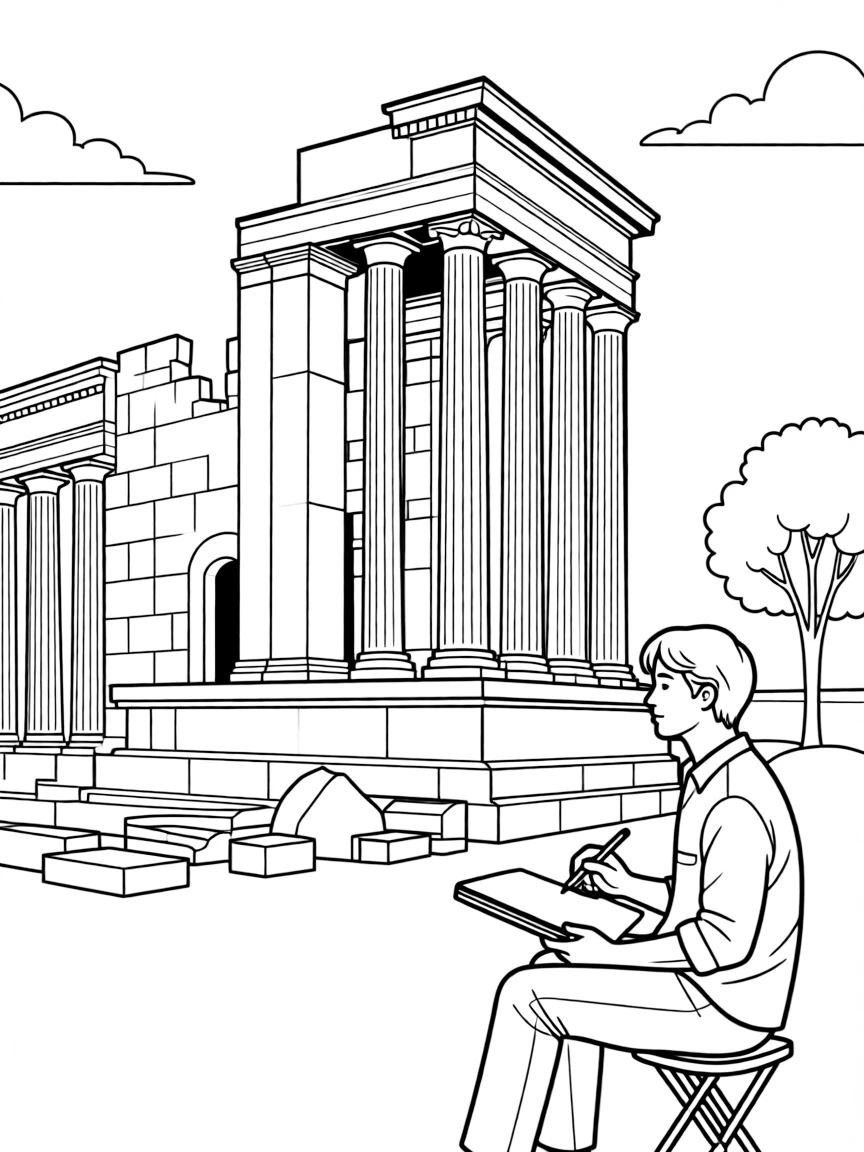 (Italy) An artist sketching a Roman ruin